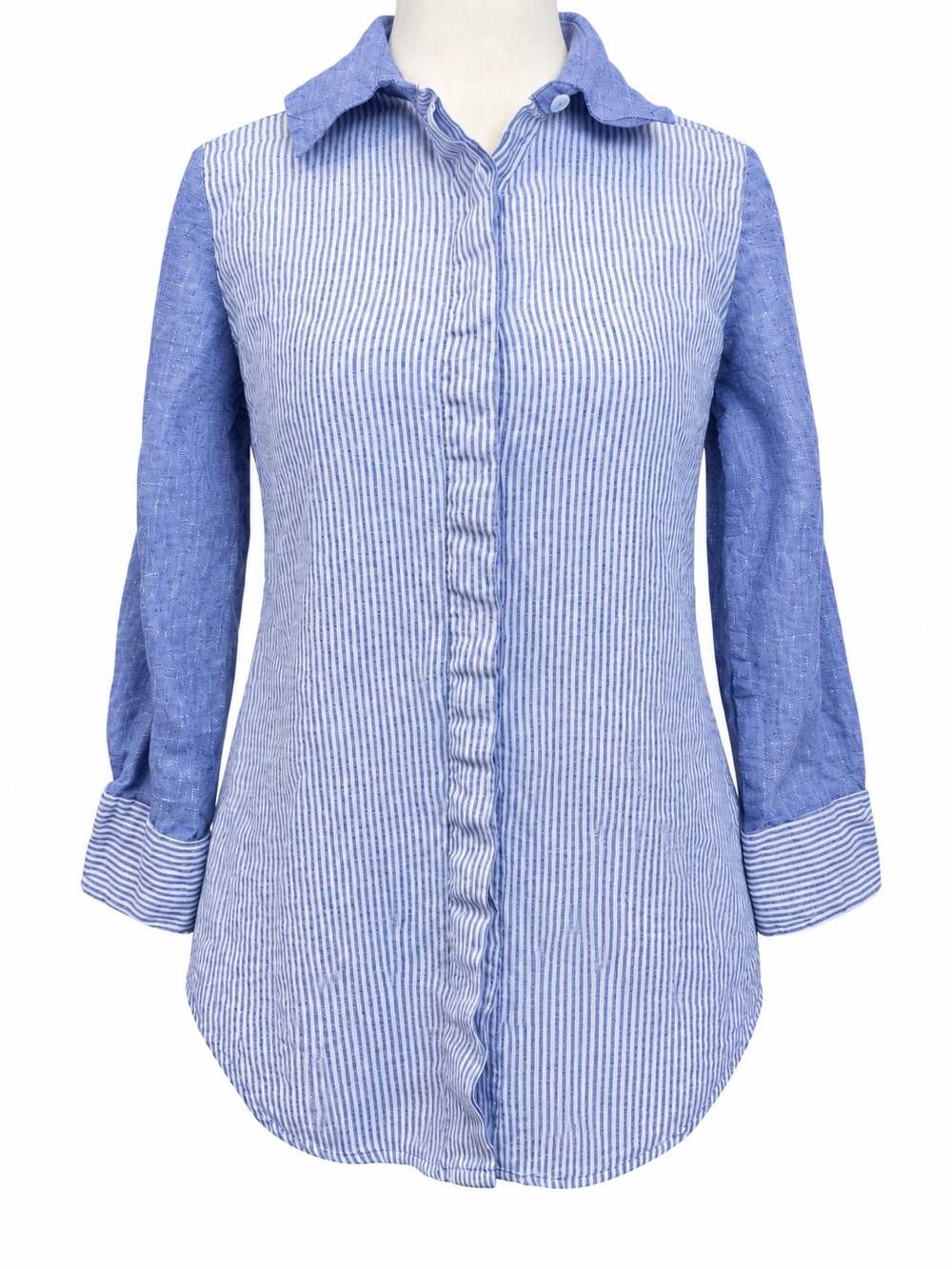 Boho Chic 100% Linen Blue Striped Colorblock Button Shirt Small